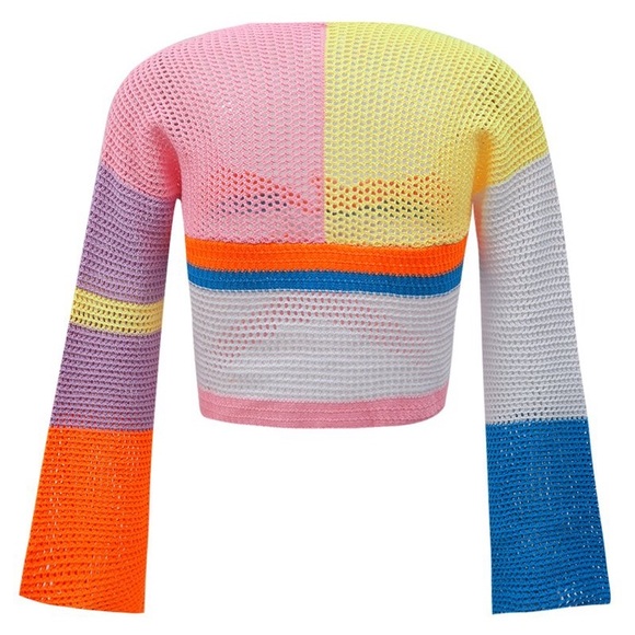 Women's Bright Colorblock Crochet Festival Sweater Boho - Picture 2 of 6